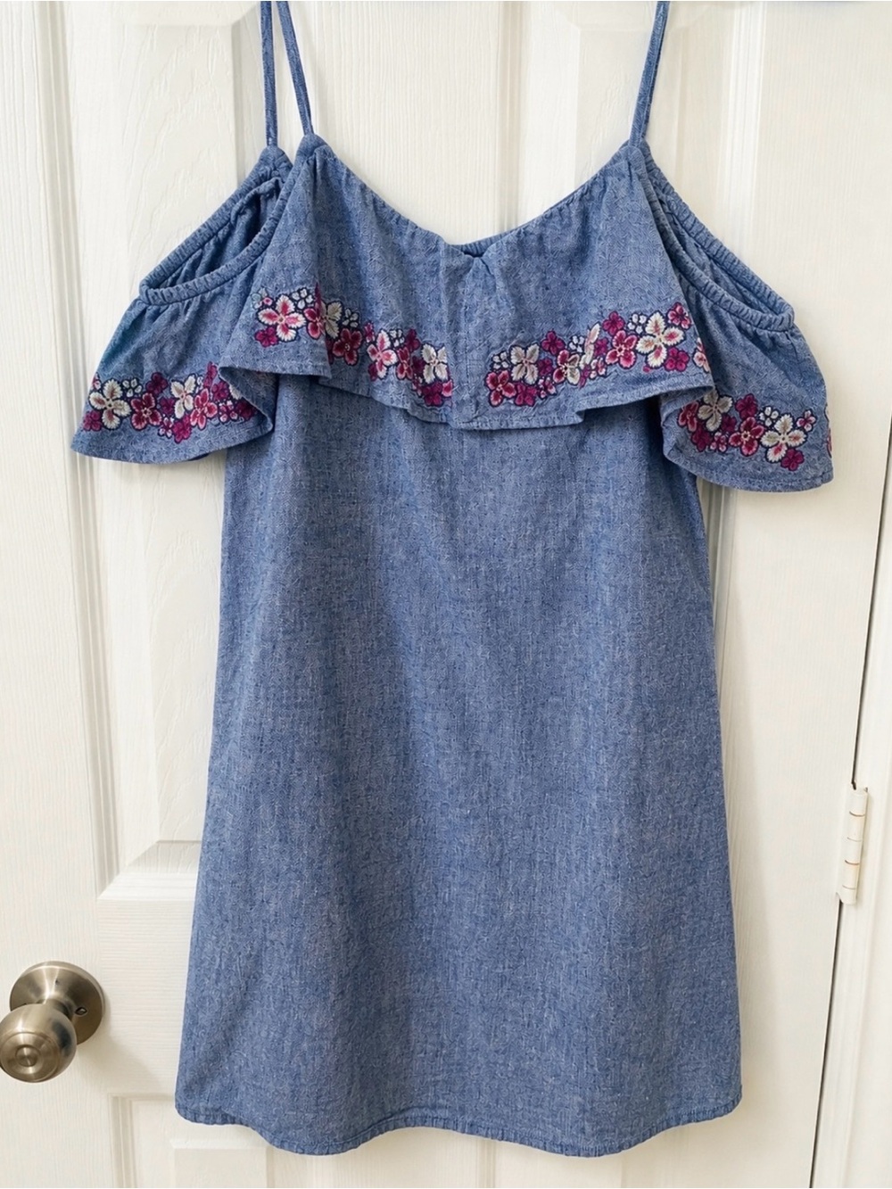 Express Blue Chambray Cold-Shoulder Dress with Pink Floral Embroidery